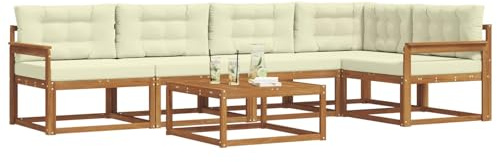 vidaXL Outdoor-Sofagarnitur mit Kissen 6 pcs Natur und Creme, Gartenmöbelset, modernes Patiosofa, Robustes modulares Lounge-Set, Outdoor-Sitzgelegenheit für Garten, Poolbereich, Akazienholz
