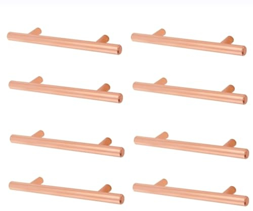 8 Pack - T-Bar Rose Gold Pull Handles, 156mm Long, 96mm Centres, 12mm Diameter, Solid Metal, for Kitchen Cabinets, Drawers, Cupboards, Wardrobes - Fixing Screws Included