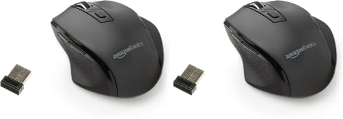 Amazon Basics Wireless Mouse, Ergonomic Mouse with Adjustable DPI 600-3600, 2.4 GHz USB Receiver for Home Office Laptop Desktop, Black (Pack of 2)
