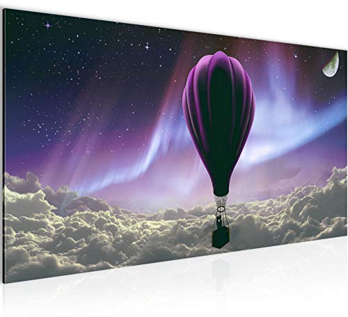 Runa Art Wandbild Polarlicht Heissluftballon 1 Teilig 100 x 40 cm Modern Bild auf Vlies Leinwand Panorama Wohnzimmer Schlafzimmer Violett Grau 608112b