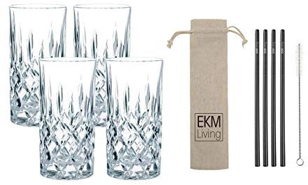 EKM Living Spiegelau & Nachtmann, 4-teiliges Longdrink-Set, Kristallglas, 375 ml, Noblesse, 0089208-0 + 4er Set Edelstahl Strohhalme schwarz gerade