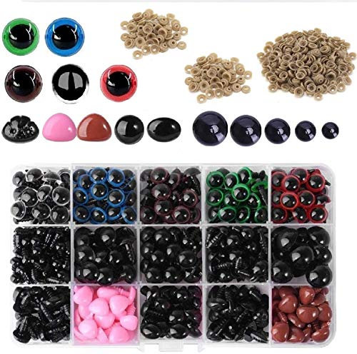 ANKKY 608 Stück Sicherheitsaugen und Nasen aus Kunststoff, 194 Stück, 6 bis 14 mm, Augen aus Kunststoff, 110 Stück, DIY Handwerk, Nase mit 304 Stück Unterlegscheiben für Puppen, Puppen, Plüschtiere