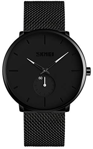 SKMEI Quarzuhr für Herren, modisch, wasserdicht, schwarzes Metall-Netzband weiß
