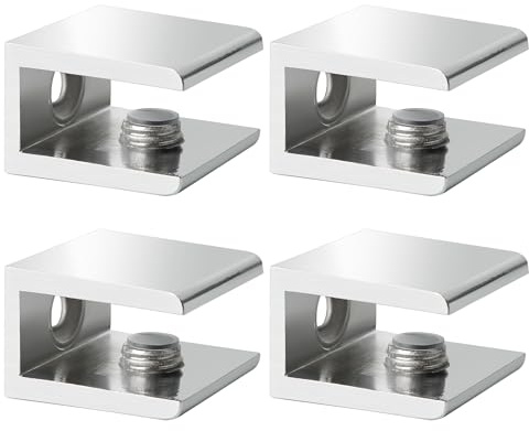 SAYAYO Glashalter Verstellbare Glasklemme Fit 6-12mm Dickes, 4 Stück Silber | Glasbodenträger Klemmhalter 304 Edelstahl Glasregal Halter Klemmbefestigung für Glas Acryl und Holz
