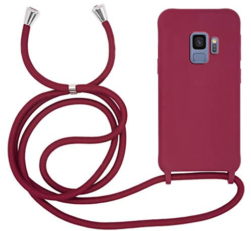 MyGadget Coque Cordon pour Samsung Galaxy S9 - Cover Bumper Silicone Mat Uni avec Collier - Case Tour de Cou - Protection Anti Choc - Skin & Lanière Bordeaux