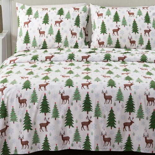 Great Bay Home Weihnachts-Flanell-Bettwäsche-Set für King-Size-Bett, 100 % türkische Baumwolle, doppelt gebürstet, Winter-Bettwäsche-Set, ultraweich, gemütlich, 4-teiliges Urlaubs-Bettwäsche-Set