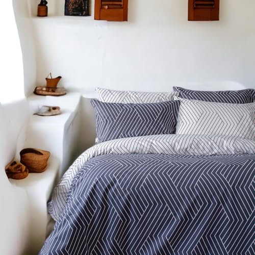 LERUUM Bettwäsche-Set 240x220 Baumwolle Wende-Streifenmuster Bettbezüge mit 2 Kissenbezügen Marineblau Weiß (240 x 220 + 2 (65 x 65)