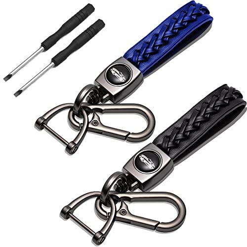 Porte-clés en cuir tressé avec lanière de clé de voiture 2 pièces avec porte-clés en métal et porte-clés en fer à cheval (noir et bleu)