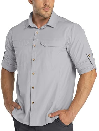 33,000ft Camicia funzionale da uomo, UPF50+, protezione UV, a maniche lunghe, traspirante, con bottoni, per attività all'aria aperta, per il tempo libero, per gli uomini, grigio argento, M