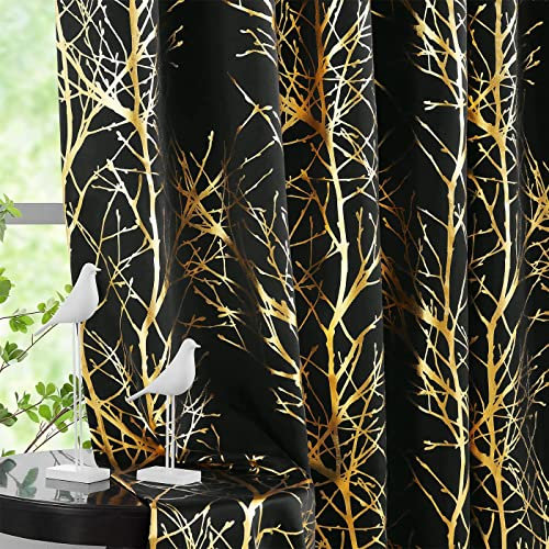 Fmfunctex Black Gold Blackout Curtains for Bedroom 54 inch Drop Eyelet Curtains for Living Room Tree Branch Foil Thermal Insulated Window Curtain Panels 2 Panels