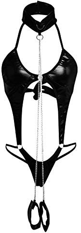 QINGXIA_ZI Ensemble de Lingerie Sexy en Cuir Verni pour Femmes Hot Tenue Femme Coquine XXL Ouverte Transparente String Soutien-Gorge, Noir, 3XL