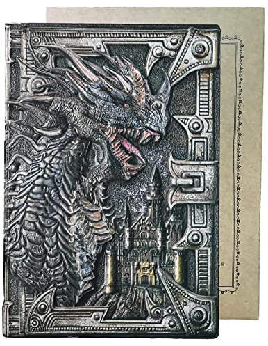 YHH Tagebuch Liniert für Erwachsen Kinder, A5 Notizbuch Leder Vintage, Geprägte, Hardcover, Zeichenbänder, 200 seiten, Lined Journal Notebook für Frauen Business Büro Schule Zauber Drachen3D Bunt
