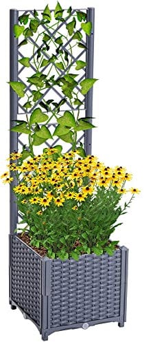 Mingone Kletterpflanzen-Set mit Selbstbewässerung, 40×40×136 cm - Pflanzkübel aus Kunststoff-Rattan inkl. 96 cm Rankgitter, UV-beständig & frostsicher (Graublau)