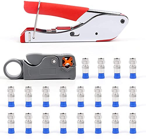 Flytuo Coax Cable Crimper Kit, F-Type Compression Crimping Tool with 20pcs Crimp Connectors Tool and Rotary Coaxial Cable Cutter for RG-58, RG-59, RG-62