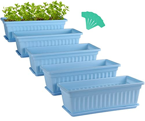 Skelang 5 Pcs pots de fleurs rectangulaires 42,7cm, support pour plante avec plateau, jardinière de jardinage avec étiquette, boîte de seuil de fenêtre pour plantes grasses, herbes, fleurs (Bleu ciel)