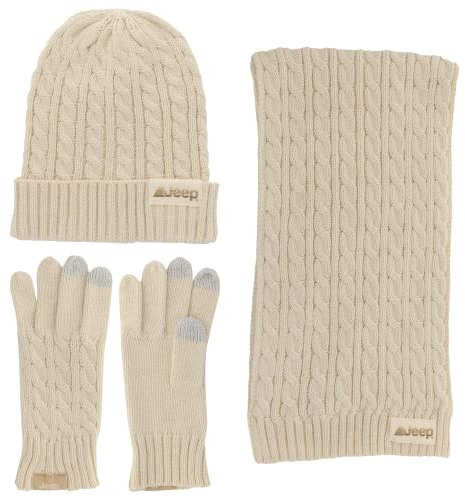 Jeep Unisex-Erwachsene 3-teiliges Damen und Herren mit Zopfmuster, Schal, Mütze und Handschuhe, Einheitsgröße Winter-Zubehör-Set, Weiss/opulenter Garten, Eine Größe passt meistens