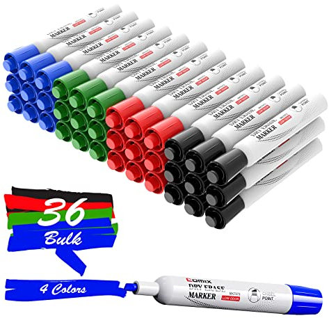 Comix Whiteboard Marker Set, 36 Geruchsarme Whiteboard-Stifte abwischbare, Linienbreite 2–3 mm mit Keilspitze, 4 Farben Dry Erase Marker (Schwarz, Blau, Rot, Grün), Perfekt für Lehrer, Büro und Schule