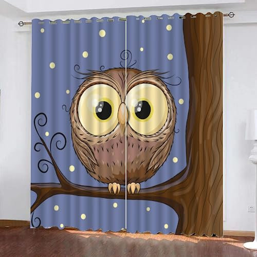GIOVIA 3D Kawaii Eule Vorhänge Abdunkelnde Sternenhimmel Kindervorhänge Vorhang mit ösen 2er Set Gardinen Blickdicht Verdunkelungs für Kinderzimmer Schlafzimmer Wohnzimmer B 110 X H 95 cm