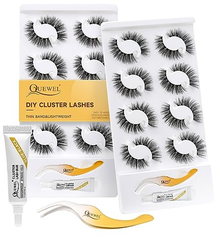 Cluster Eyelash Extensions Kit QUEWEL Individual Eyelashes 8 Pairs Lash Clusters Natural Look, DIY Eyelashes Extension Kit with Applicator and Glue, Cluster Lashes Kit for Personal Use at Home(QU36-D)