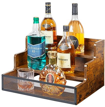 3 Step Countertop Liquor Bottle Display Shelf, Wood Bar Shelves 12 Bottles with Fences, Freestanding Storage Shelves for Liquor Whiskey Wine Coffee Syrup Display, Retro Wine Rack Home (Patent Pending)