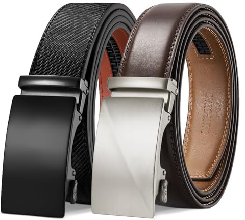 TANGCHAO 2 Stücke Gürtel Herren,Ledergürtel Ratsche Automatikschließe für Herren Business Anzug Jeans, 35mm Gürtel,Größe Einstellbar 22Schwarz+25Kaffee 125cm