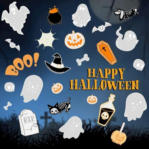 Haus Projekt Halloween Fensteraufkleber 62 Stk, Wiederverwendbare Fensterbilder, Halloween Deko Fenster, Gruselige Party Deko, Fledermaus Skelett Katze Kürbis Spinnennetz Hexen Gespenst Aufkleber