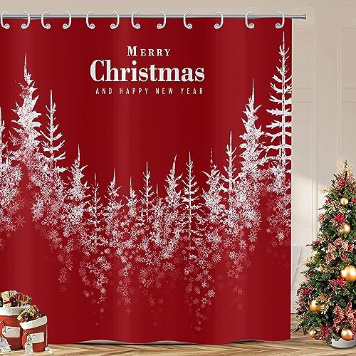 ASDCXZ Tenda da doccia natalizia, 150 x 180 cm, colore rosso, allegro di Natale, neve, albero di Natale, bagno, lavabile, in poliestere, impermeabile, per vasca da bagno con 12 ganci