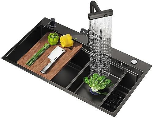 Fregadero De Cocina con Grifo con Pantalla Digital Inteligente Fregadero Individual Grande Fregadero Nano Raindance De Acero Inoxidable 304 con Varios Tamaños (Color : A, S : 75 * 45cm)