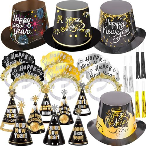 Neujahr 2026 Partyhut Neujahr Silvester,4 StückXXL Partyhüte,6 Stück Dreieckiger spitzer Hut,6 Frohes Neues Jahr Stirnband Tiara Hörner Hüte Ausblase und Beads