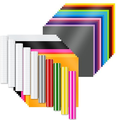 EPRCUT Vinylfolie Plotter, Selbstklebende Folie, Plotterfolie Viny Glänzendel für Cricut, 40 Stück, 24 Farben und 4 Transferfolie für Silhouette Cameo, Dauerhaften Aufklebern, DIY, 30,5 x 30,5 cm