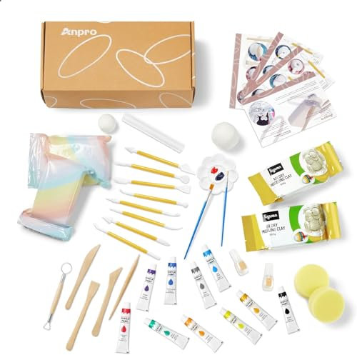 Anpro Home Air Dry Clay Pottery Kit für Anfänger, DIY Clay Play Kit für Erwachsene, mit Werkzeugen, Farben, Pinseln, Anleitung, Glanzlack