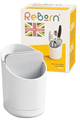 ReBorn - Recycled Cutlery Drainer - Kitchen Sink Storage & Drying Rack - Knife Safety Slot - Tiers to Separate Cutlery - Integrated Draining Saucer - Made in Britain (Stone)