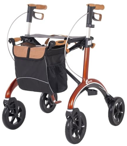 Saljol Carbon Rollator in Vollausstattung, 5,6 kg Leichtgewichtrollator mit Sitz, Rückengurt, Tasche, Stockhalter, Klingel und LED-Licht | faltbare Outdoor-Gehhilfe, Sitzhöhe 62 cm, Kupfer