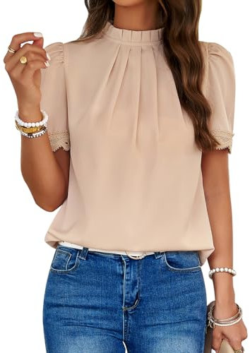 MYCOLORBLUE Damen Elegant Chiffon Blusen Tuniken Falten Stehkragen Tops Puffärmeln Shirts Streetwear Blusenshirt Oberteile Khaki XXL