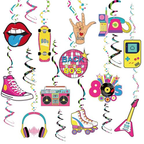 80er Jahre Deko 18 Stk. Spiralen Luftschlangen Retro 1980er Deckenhänger Spiral 80's Party Dekoration Hängende Wirbel Back to The 80s Party Geburtstag Hängedeko