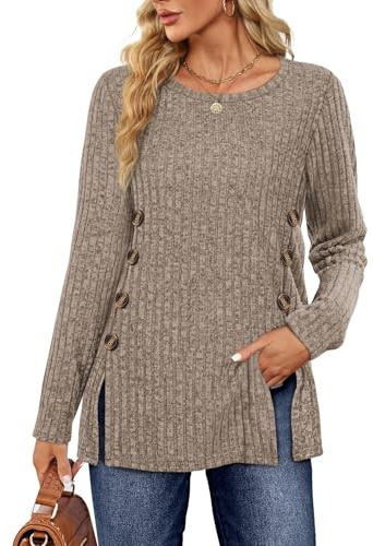 Sampeel Ladies Long Sleeve Tops Women Jumpers Symmetrical Button Down Collar Split Womens Jumper Ladies Lightweight Jumpers Size 10-12 Khaki