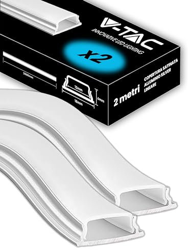 V-TAC 2 profils pour bandes LED flexibles de 2 mètres – (4 mètres totaux) – Profil pliable mural et plafond pour bande LED en aluminium avec couvercle satiné – Couleur argent – 18 x 6 mm