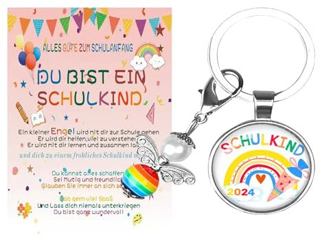 NEODTX Einschulung Geschenk Mädchen Jungen Glücksbringer Schulanfang Schulkind 2024 Mädchen Schutzengel Schlüsselanhänger Schultüte Füllung Glücksbringer Mit Grußkarte Geschenkbox