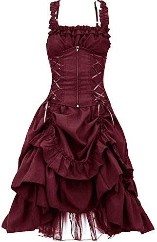 Gothic Dresses for Women UK Vintage Ruffled Spaghetti Straps Halloween Midi Dress Medieval Dress Goth Retro Punk Y2K Tiered with Corset Party Costumes for Prom/Cocktail