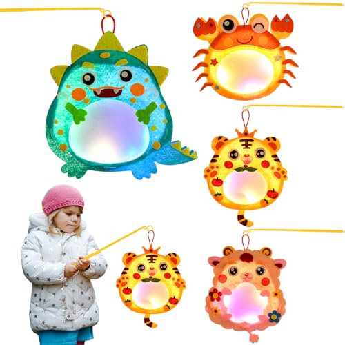Ulikey 4 Stück Laternen Bastelset für Kinder, Laterne St Martin mit Laternenstab & Led Licht, Lampions Tier Laterne Basteln Set Kreativset für Junge Mädchen (Krabbe, Dinosaurier, Tiger, Lamm)