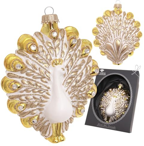 Krebs Glas Lauscha - Weihnachtsdekoration/Christbaumschmuck aus Glas - Weihnachtsbaumanhänger Motiv: Pfau Weiß/Gold - Glitzernd Verziert mit Strasssteinen - Größe: ca. 11 cm - Made in Europe
