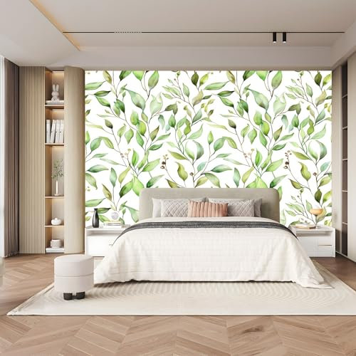 Vlies Tapete Aquarell grüne Blätter und Zweige Deko Panel Grün Fototapete Wanddeko Tapetenrolle Mustertapete Wandtapete modern design Schlafzimmer Wohnzimmer Dekoration - 350 x 256 cm