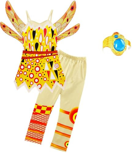 Windskids Yuko Kostüm Mädchen Cosplay Mia Yuko Gelb Elf Prinzessin Trägerkleid mit Flügeln und Hose Armbänder für Halloween Weihnachten Karneval Party Geburtstag Maskerade Performance Verkleidung