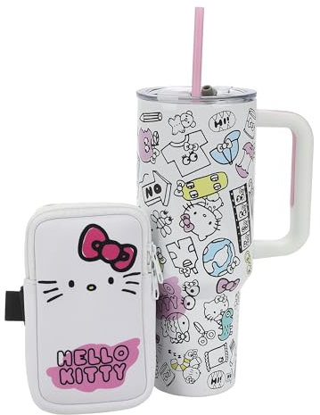 Bioworld Hello Kitty - Vaso de acero inoxidable con asa y bolsa deslizante, 1,134.0 g
