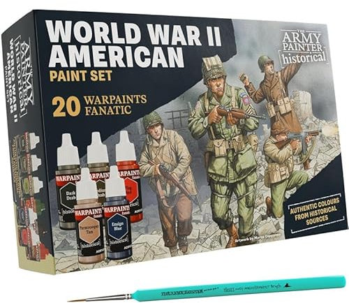 The Army Painter, Historical: WWII American Paint Set Combo, 20 x 18 ml Warpaints Fanatic: 14 acrylic, 4 Washes, 1 Effect, 1 Metallic & 1 Brush - Miniature Paint for U.S. Armed Forces in World War II