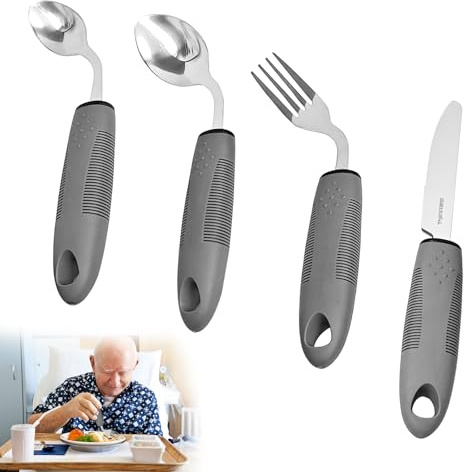 4 Stück Adaptives Besteckset, Besteck fuer Parkinson Senioren Behinderte, 42° gewinkelt, 85g gewichtetes Besteck, Gebogener Löffel mit rutschfestem Griff für Handzittern (Rechtshänder)