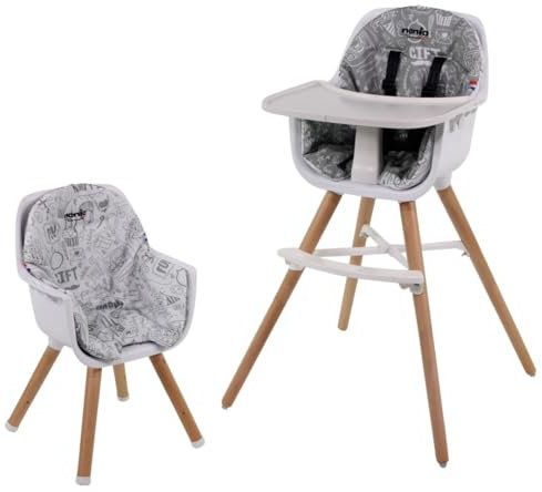 Chaise Haute Bébé évolutive 2 en 1 - Dès 6 mois jusqu'à 5 ans - Coussin réversible - Plateau réglable - Repose-pieds, Siège et Fauteuil Enfant -Puericulture Bébé- Design Moderne Bois