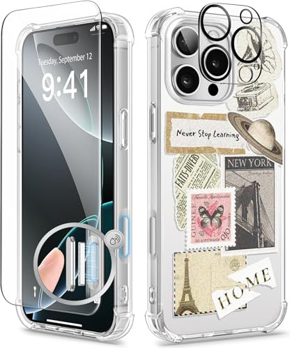 GVIEWIN Compatible with iPhone 16 Pro Case 2024,[Camera Control Button] with Screen &Camera Lens Protectors Clear Shockproof Drop Protection Anti-scratch Cover for Women Girl, Vintage Stamps