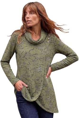 Roman Originals Floral Print Cowl Neck Top for Women UK - Ladies Everyday Holiday Spring Summer Notch Neckline Comfy Soft Evening Vacation Work Party - Khaki Floral - Size 18