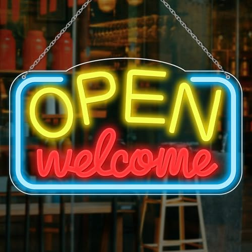 inShareplus Welcome LED Open Neon Schild, 43×23 cm Open Schild für Business, Helles Leuchtreklame mit USB-Betrieb, Dimmbar Offenes Neon Licht Sign für Bar,Store, Cafe, Shop, Party, Club(Gelb)